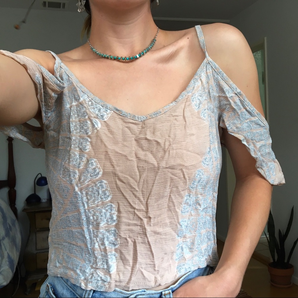 Women's Cold-Shoulder Tank Top in Beige with Blue Print